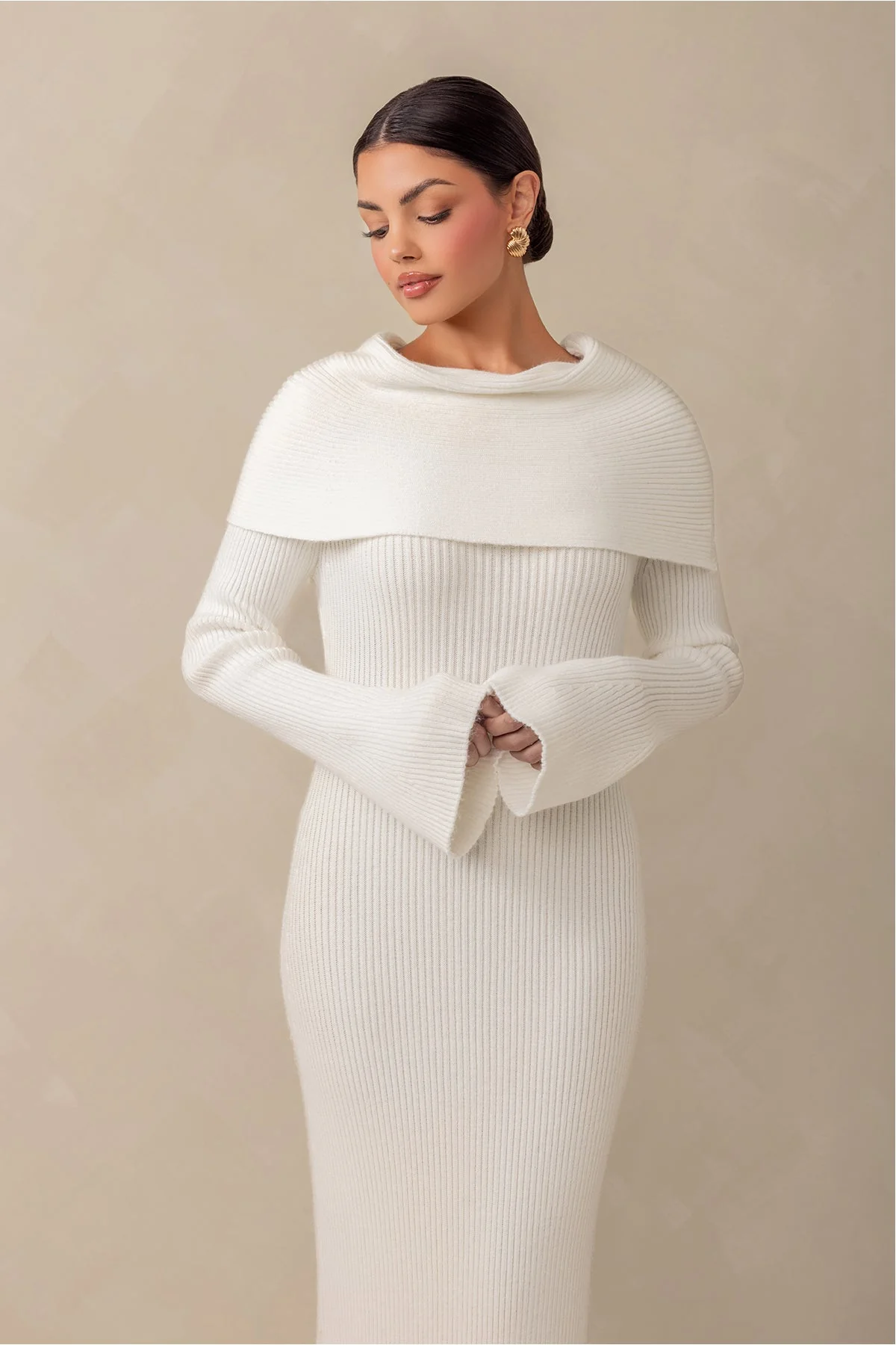 Cassandra Over the Shoulder Knit Dress - Cream - Image 4