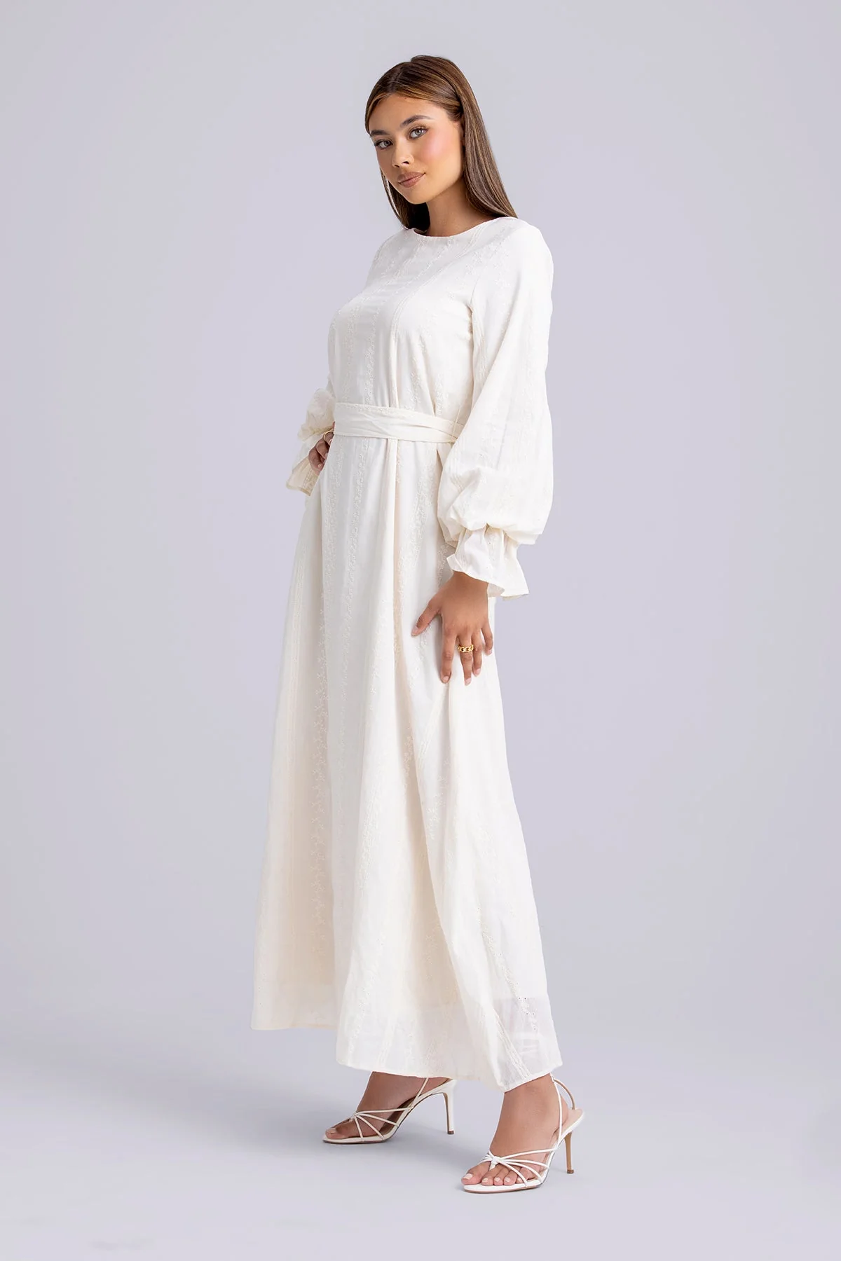 Naya Long Sleeve Tie Waist Maxi Dress- Cream - Image 3