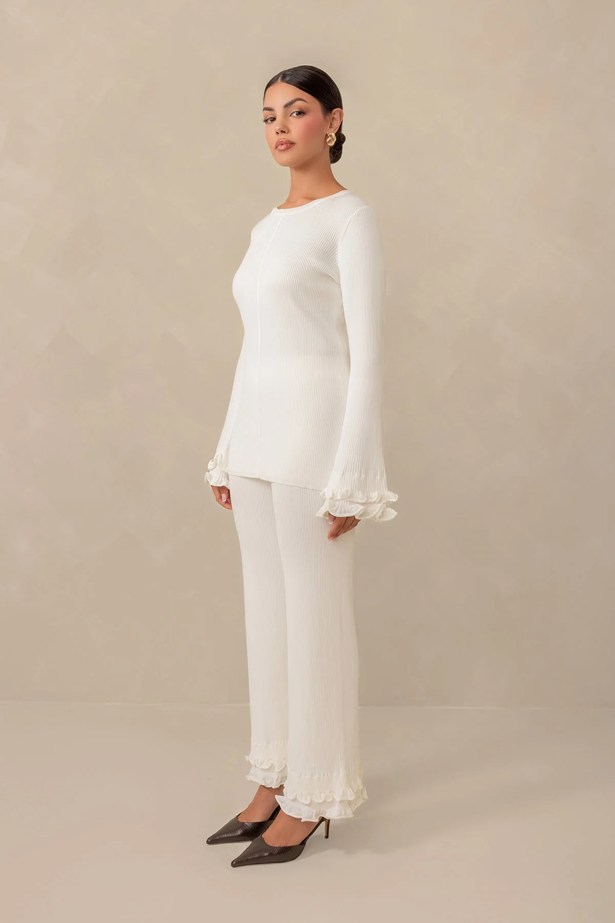 Olivia Ruffle Knit Pant - Cream - Image 3
